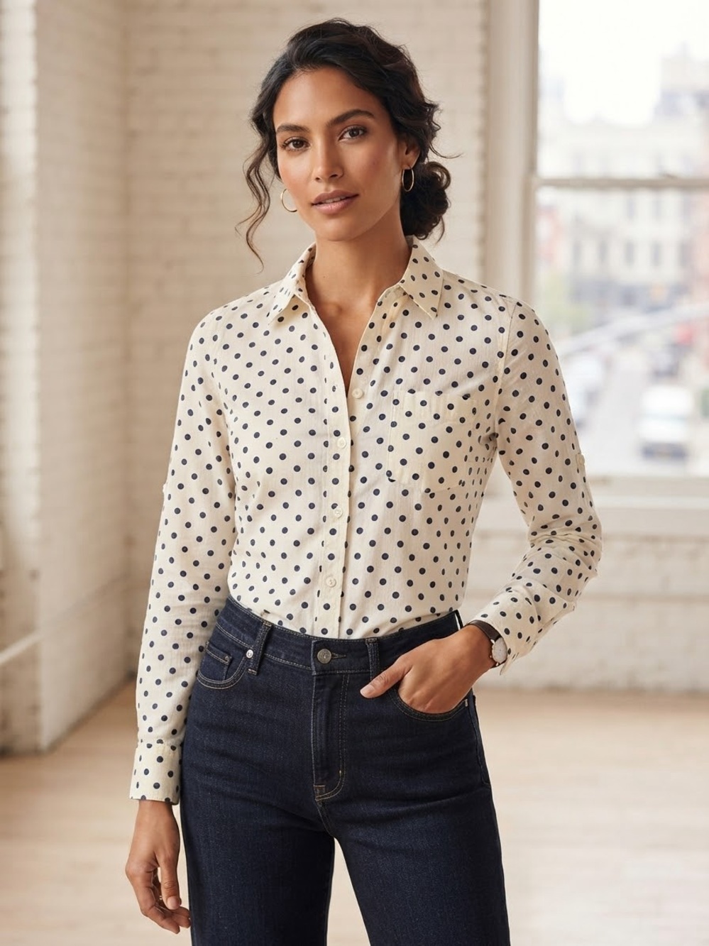 Sigrid Olsen Cream Button-Down Shirt with Black Polka Dots